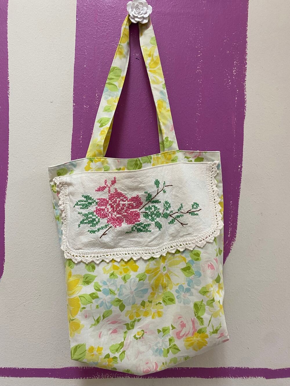 Upcycled Vintage Bag Handmade Polo Floral 90s Sheets Embroidery Shoulder Tote